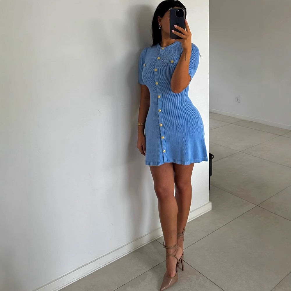 Women's Fashion Front Button Rib Knit Dress PureLittleBloom.Co