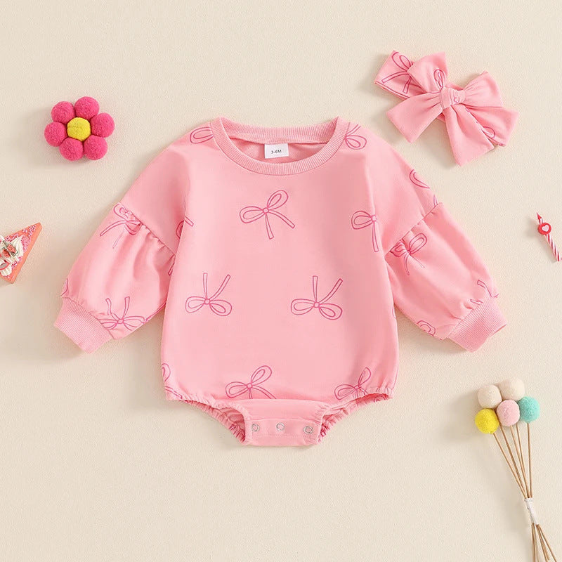 Baby Girl Minimalist Bowknot Printed Long Sleeve Triangle One-piece Romper PureLittleBloom.Co