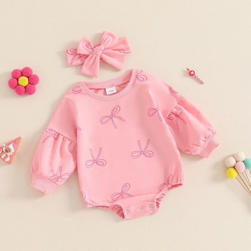 Baby Girl Minimalist Bowknot Printed Long Sleeve Triangle One-piece Romper PureLittleBloom.Co