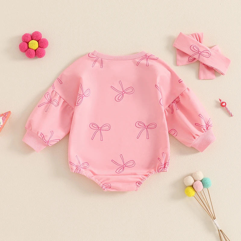 Baby Girl Minimalist Bowknot Printed Long Sleeve Triangle One-piece Romper PureLittleBloom.Co