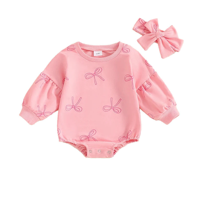 Baby Girl Minimalist Bowknot Printed Long Sleeve Triangle One-piece Romper PureLittleBloom.Co