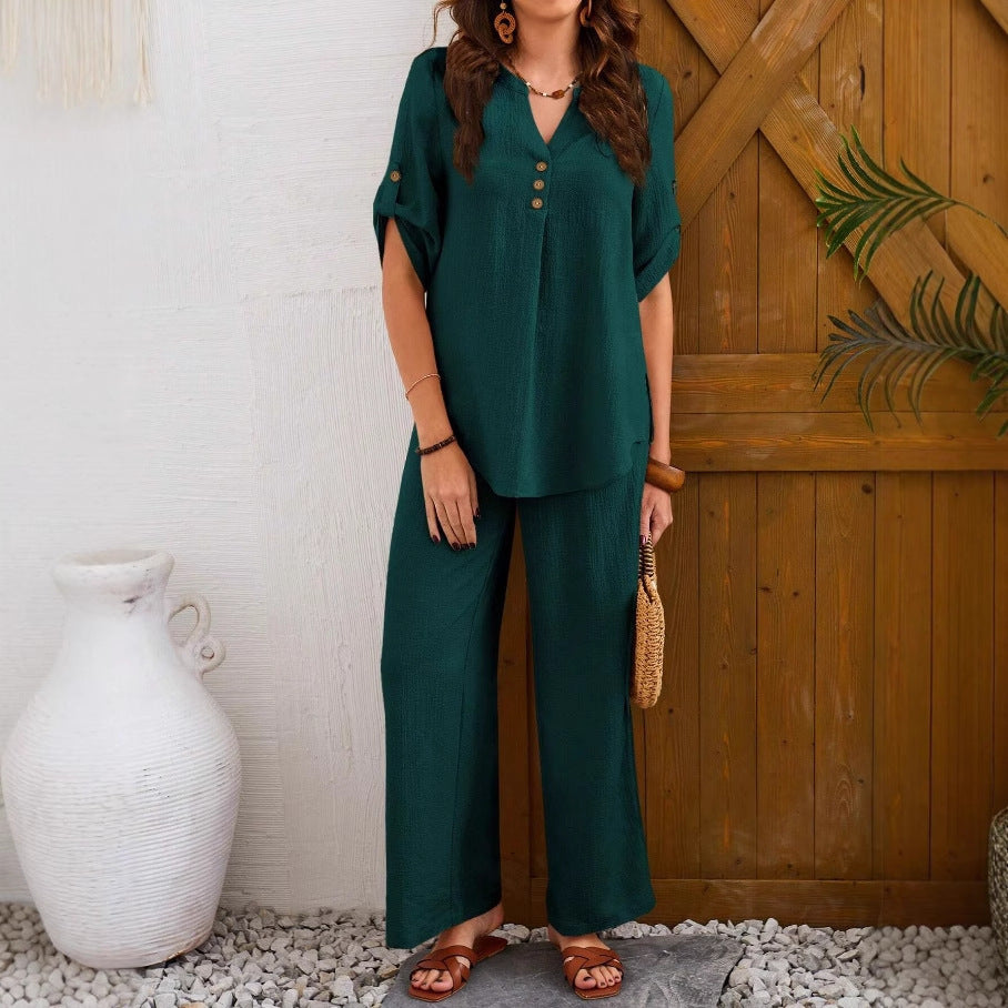 Loose Leisure Suit Solid Color Short-sleeved Trousers PureLittleBloom.Co