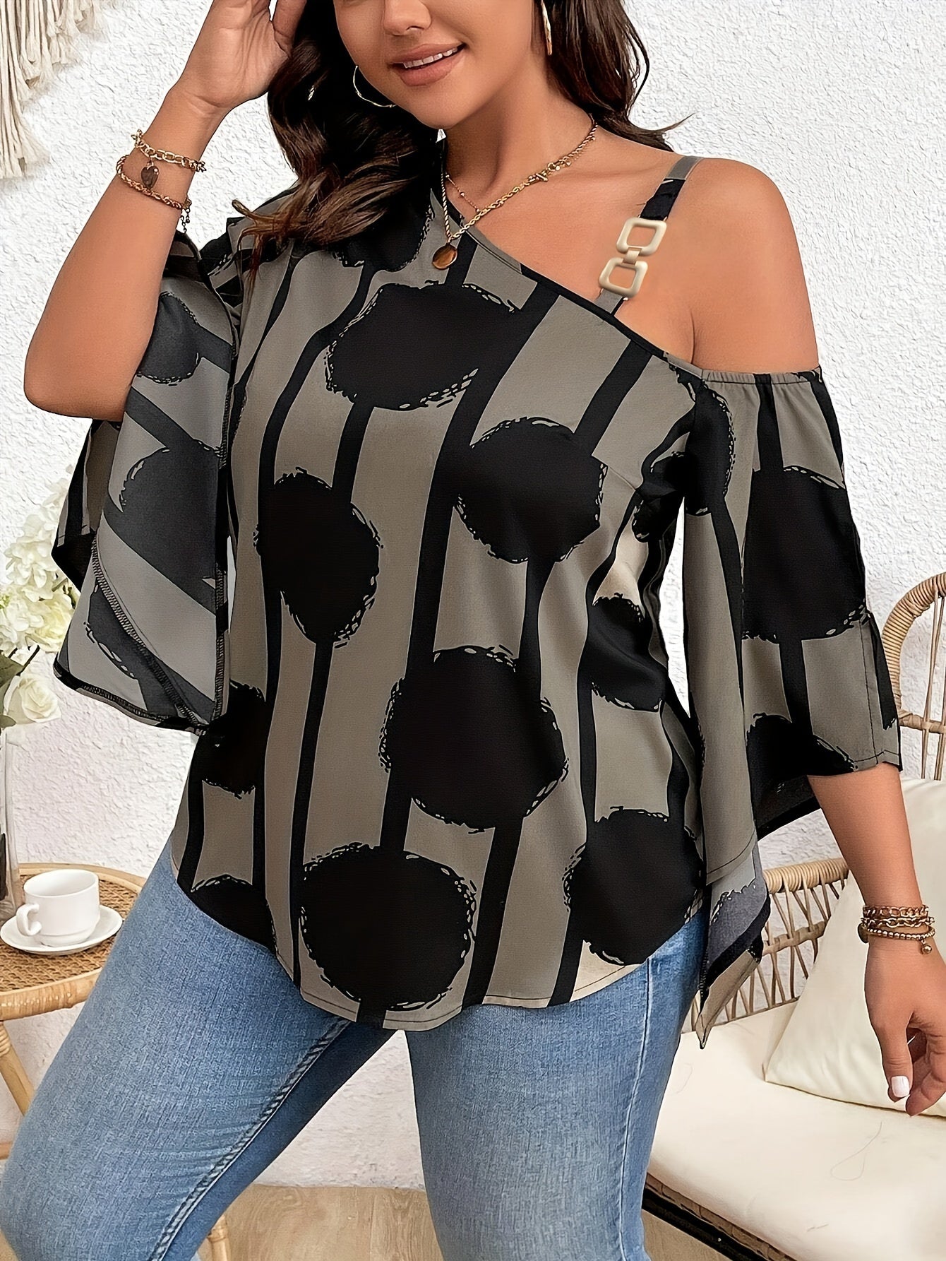 Women's Plus Size Printed Fashion Off-the-Shoulder Charming Chain Three-quarter Sleeve Blouse - Casual Top PureLittleBloom.Co