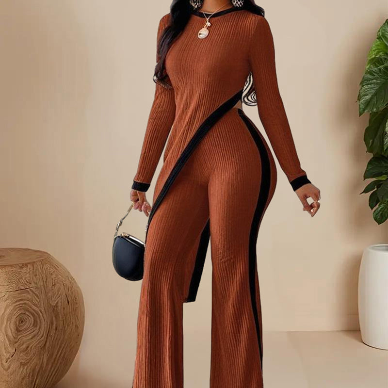 Women's elegant outfits-neck Two-piece Long-sleeved Pants With Decorative Edges For Spring & Fall PureLittleBloom.Co