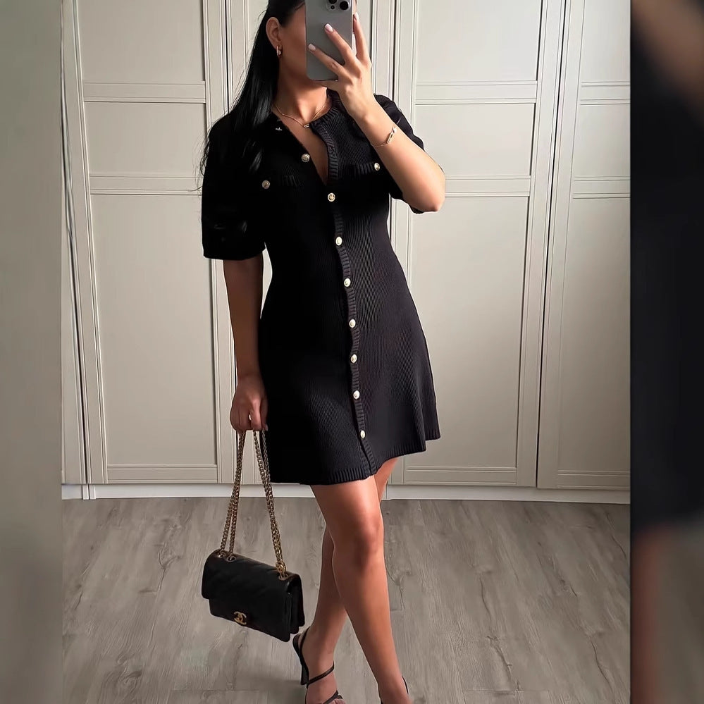 Women's Fashion Front Button Rib Knit Dress PureLittleBloom.Co