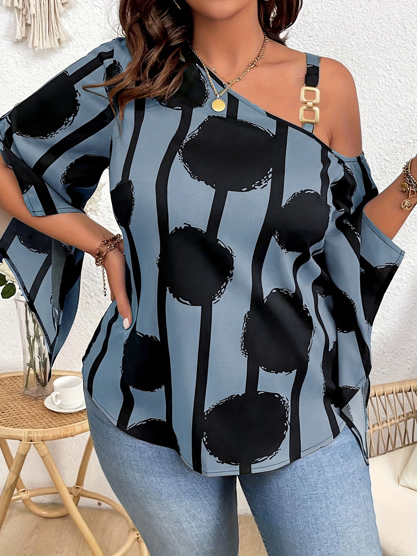 Women's Plus Size Printed Fashion Off-the-Shoulder Charming Chain Three-quarter Sleeve Blouse - Casual Top PureLittleBloom.Co