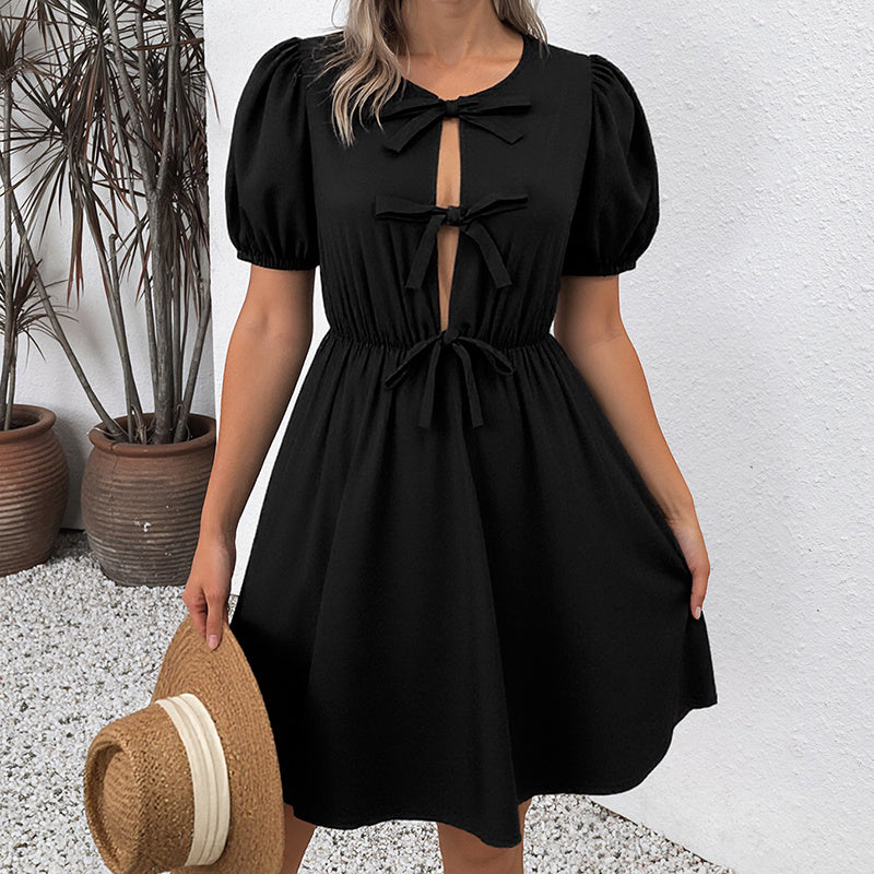 Women's Striped Tie Front Puff Sleeve Summer Casual Mini Dresses Loose Flowy Sundress PureLittleBloom.Co