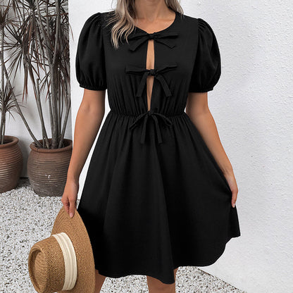 Women's Striped Tie Front Puff Sleeve Summer Casual Mini Dresses Loose Flowy Sundress PureLittleBloom.Co