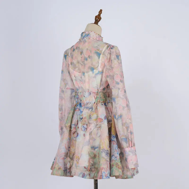 French Retro Stand Collar Printed Long Sleeve Slim-fit Top High Waist Skirt PureLittleBloom.Co