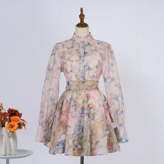 French Retro Stand Collar Printed Long Sleeve Slim-fit Top High Waist Skirt PureLittleBloom.Co