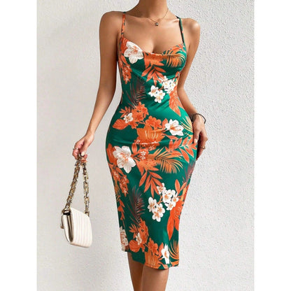 Women's Side Slit Printed Mid-length Sling Dress PureLittleBloom.Co