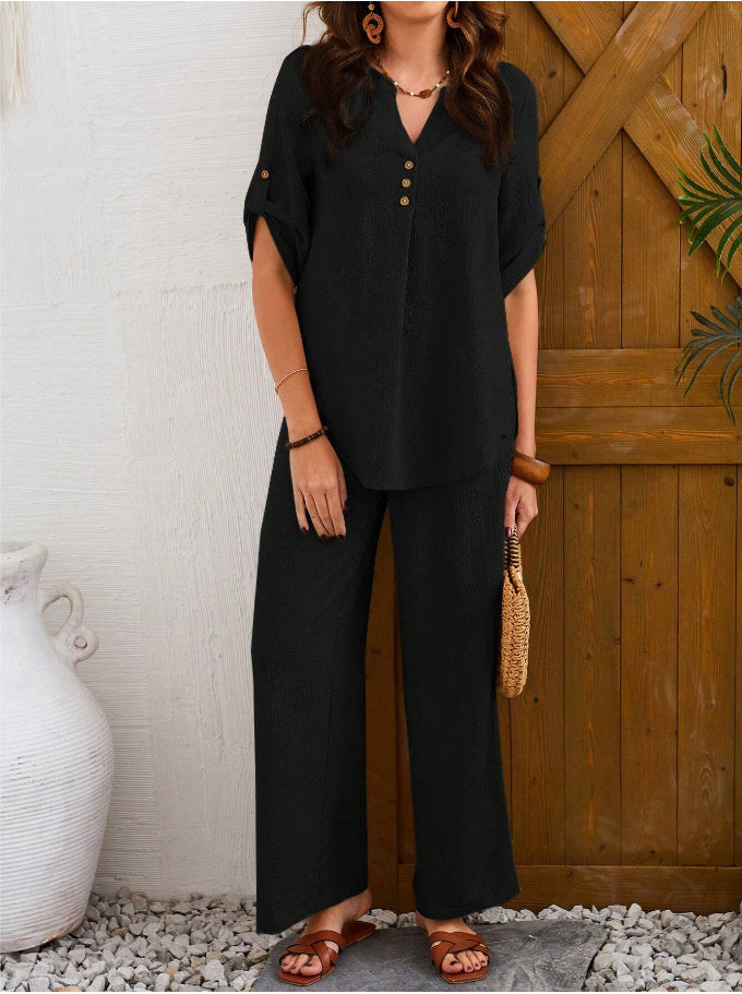 Loose Leisure Suit Solid Color Short-sleeved Trousers PureLittleBloom.Co