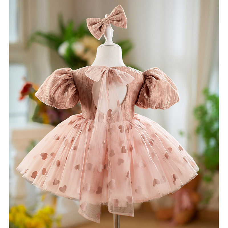 Girls' Dress Birthday Bow Puff Sleeve Puffy Gauze Princess Dres Children Dinner Suit PureLittleBloom.Co