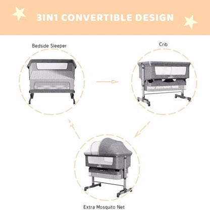 3-in-1 Bedside Crib With Mosquito Net, Large Storage Bag, Comfortable Mattress With Lockable Wheels, Grey PureLittleBloom.Co