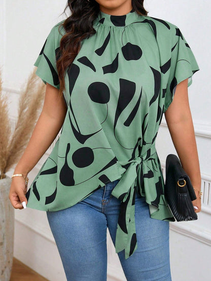 Plus-size Irregular Print Blouse For Women - Elegant Short-sleeve Work Top For Summer PureLittleBloom.Co