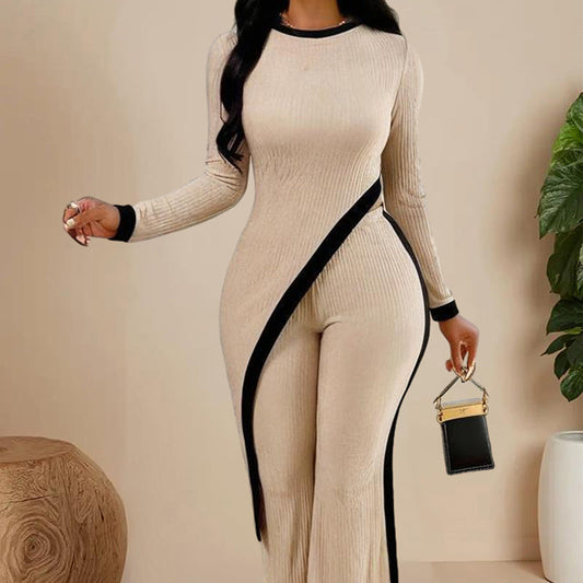 Women's  elegant outfits-neck Two-piece Long-sleeved Pants With Decorative Edges For Spring & Fall PureLittleBloom.Co