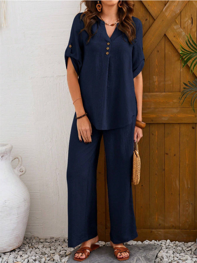 Loose Leisure Suit Solid Color Short-sleeved Trousers PureLittleBloom.Co