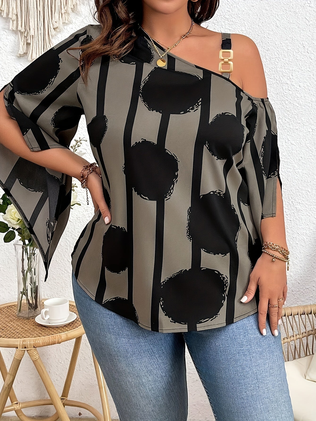 Women's Plus Size Printed Fashion Off-the-Shoulder Charming Chain Three-quarter Sleeve Blouse - Casual Top PureLittleBloom.Co