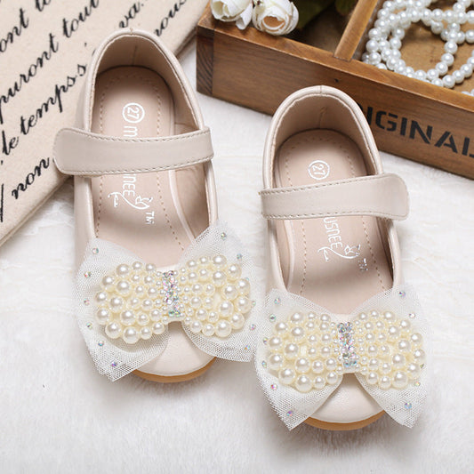 Princess Shoes Girls' Pearl Bow Leather Shoes Wedding Shoes PureLittleBloom.Co