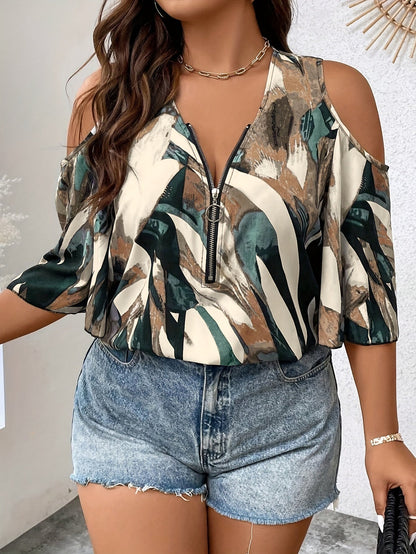 Women's Plus Size Printed V-Neck Front-Zip Cold-Shoulder Three Quarters Sleeve Casual Top - Work & Party Blouse PureLittleBloom.Co