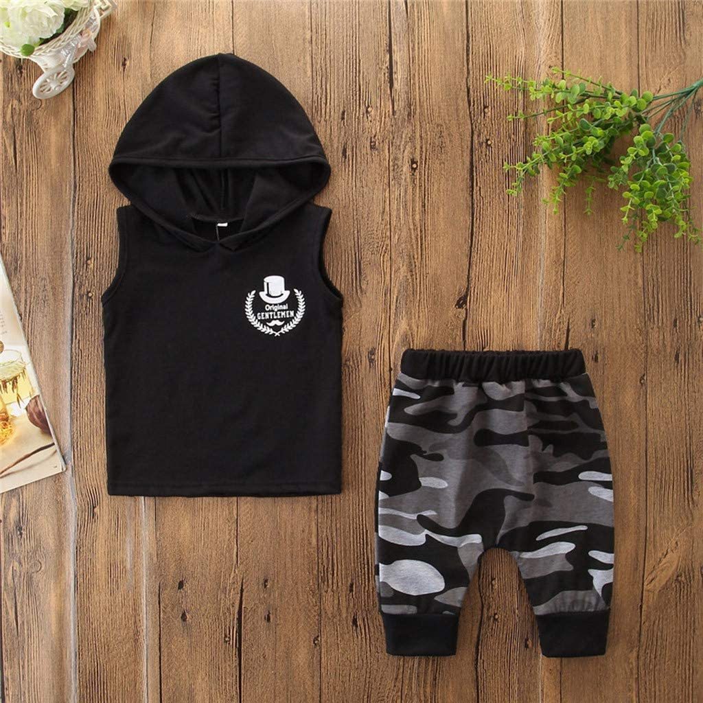2PCS Toddler Kids Baby Boy Sleeveless Hooded Clothes T-shirt Tops Camo Pants Outfits PureLittleBloom.Co