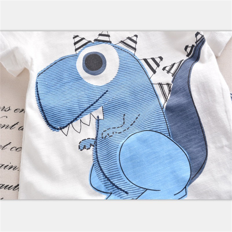 Boy Cartoon Dinosaur Short Sleeve Stripe Shorts Set PureLittleBloom.Co
