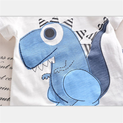 Boy Cartoon Dinosaur Short Sleeve Stripe Shorts Set PureLittleBloom.Co