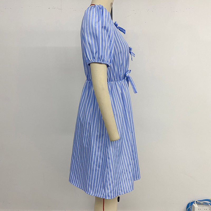 Women's Striped Tie Front Puff Sleeve Summer Casual Mini Dresses Loose Flowy Sundress PureLittleBloom.Co