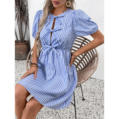Women's Striped Tie Front Puff Sleeve Summer Casual Mini Dresses Loose Flowy Sundress PureLittleBloom.Co