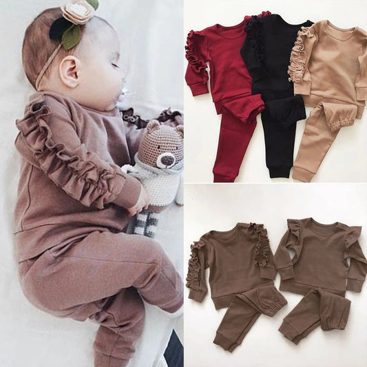 Newborn Baby Boys Girls Ruffles Jumper Solid Long Sleeve Sweatshirt Tops Pants Infant Kids 2Pcs Outfits Clothes Set Fall Clothes PureLittleBloom.Co