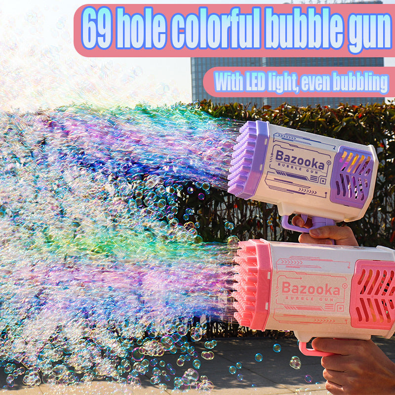 Bubble Gun Rocket 69 Holes Soap Bubbles Machine Gun Shape Automatic Blower With Light Toys For Kids Pomperos PureLittleBloom.Co