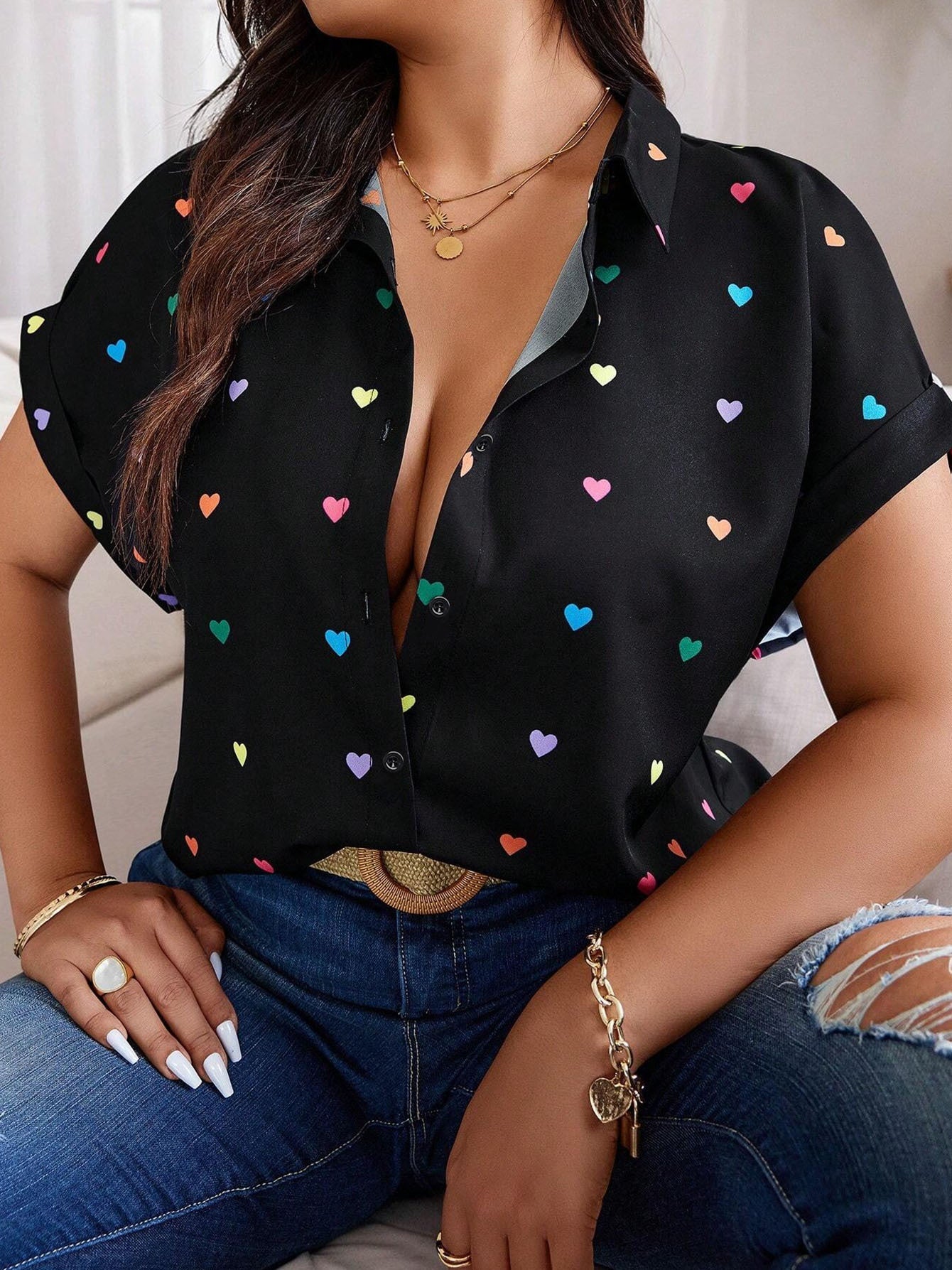 Women's Plus Size Heart Print Button-Down Shirt - Summer Casual Short Sleeve Outdoor Top PureLittleBloom.Co