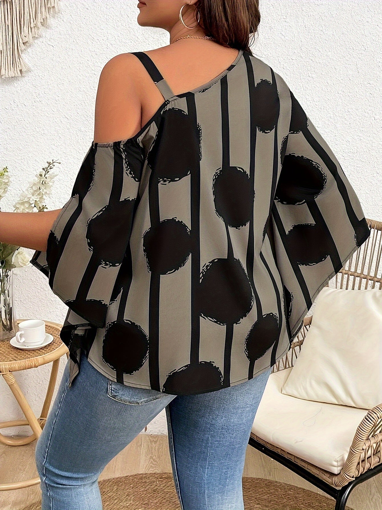 Women's Plus Size Printed Fashion Off-the-Shoulder Charming Chain Three-quarter Sleeve Blouse - Casual Top PureLittleBloom.Co
