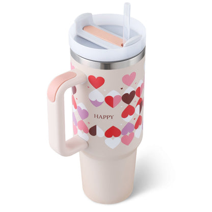 40 Oz Tumbler With Handle Straw Insulated, Stainless Steel Spill Proof Vacuum Coffee Cup Tumbler With Lid Tapered Mug Gifts For Valentine Lover Suitable For Car Gym Office Travel PureLittleBloom.Co