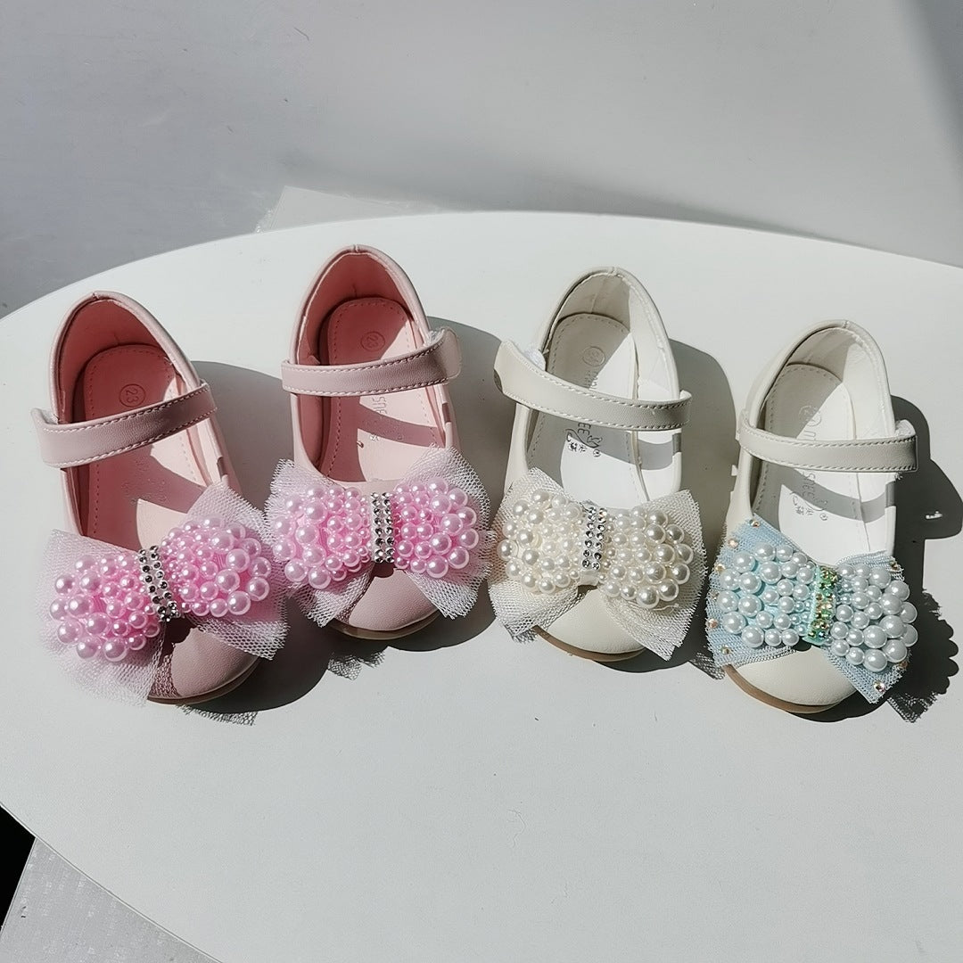 Princess Shoes Girls' Pearl Bow Leather Shoes Wedding Shoes PureLittleBloom.Co