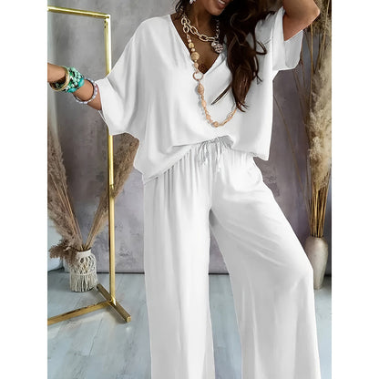 Women's 2 Piece Outfit, Casual Solid Color V-Neck Half Sleeve Top And Wide Leg Pants women's outfit Lounge Set PureLittleBloom.Co