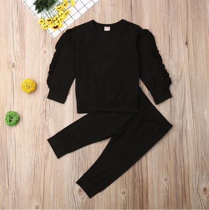 Newborn Baby Boys Girls Ruffles Jumper Solid Long Sleeve Sweatshirt Tops Pants Infant Kids 2Pcs Outfits Clothes Set Fall Clothes PureLittleBloom.Co