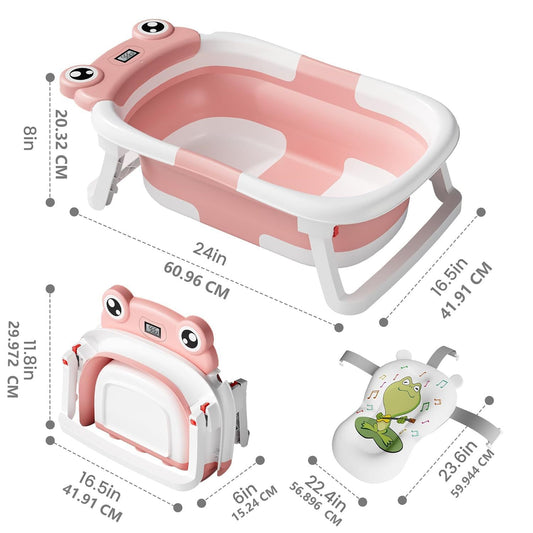 Baby Bathtub , Foldable Baby Bath Tub With Soft Floating Cushion & Thermometer , Collapsible Portable Travel Baby Bath Tub PureLittleBloom.Co