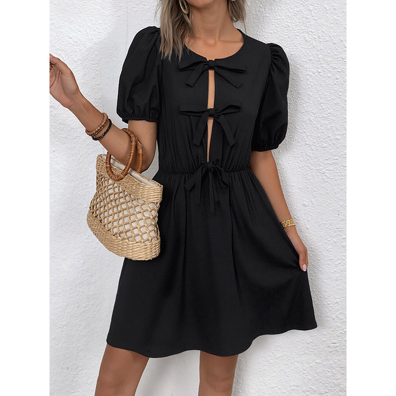 Women's Striped Tie Front Puff Sleeve Summer Casual Mini Dresses Loose Flowy Sundress PureLittleBloom.Co