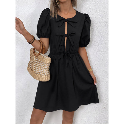 Women's Striped Tie Front Puff Sleeve Summer Casual Mini Dresses Loose Flowy Sundress PureLittleBloom.Co