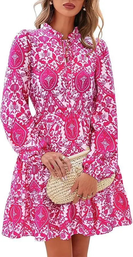 Elegant V-neck Flower Lace-up Long Sleeve Dress PureLittleBloom.Co