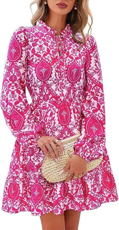Elegant V-neck Flower Lace-up Long Sleeve Dress PureLittleBloom.Co