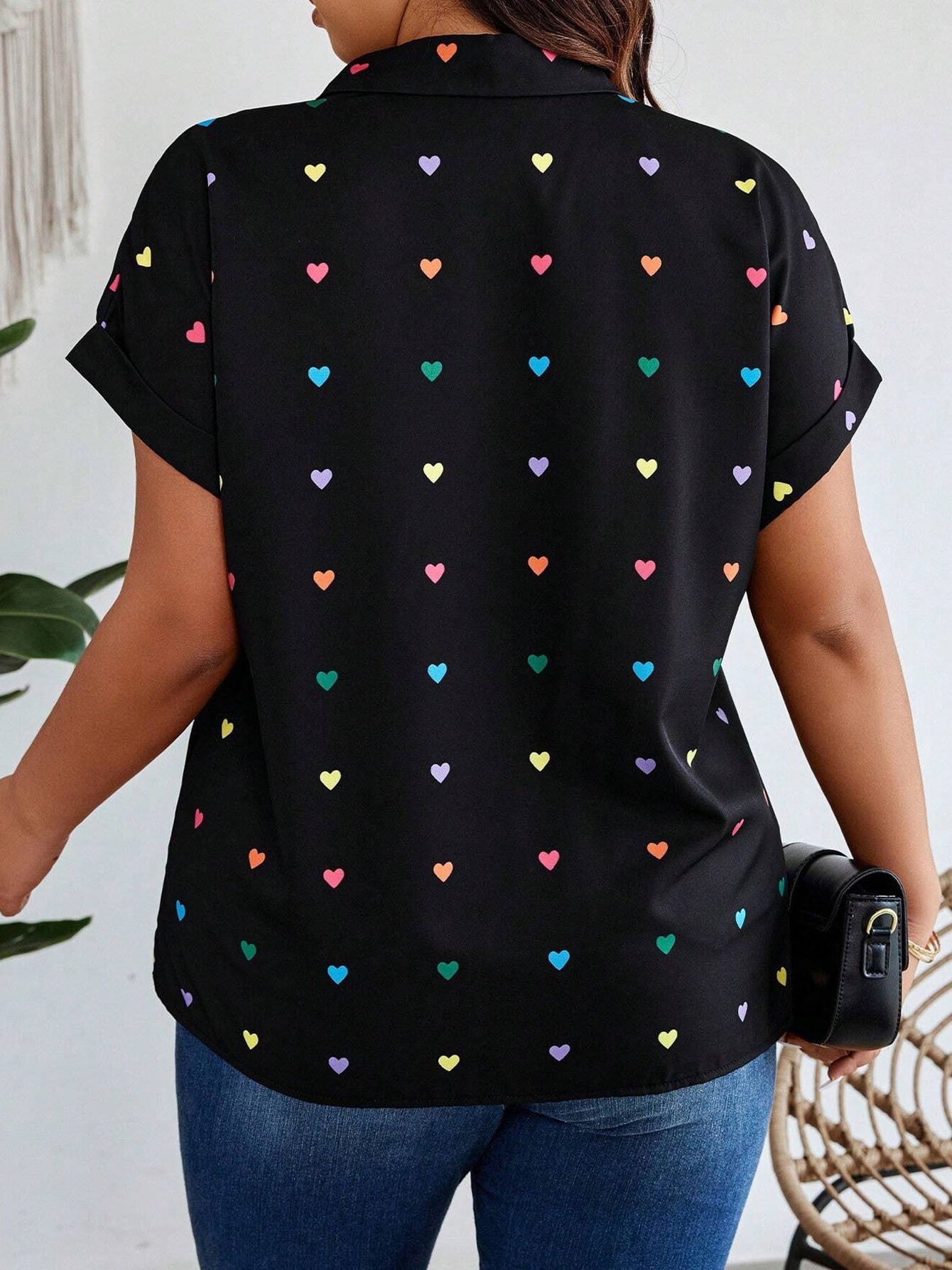 Women's Plus Size Heart Print Button-Down Shirt - Summer Casual Short Sleeve Outdoor Top PureLittleBloom.Co