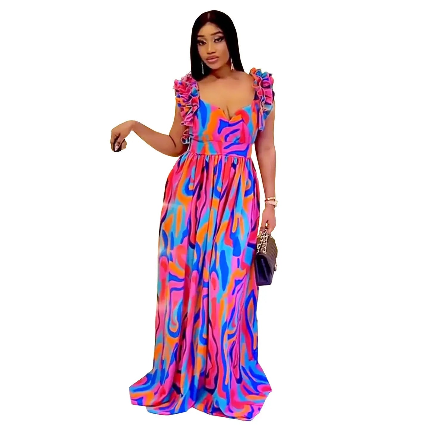European And American Fashion Women's Wear Elegant Ruffled Shoulder Strap Printed Dress PureLittleBloom.Co