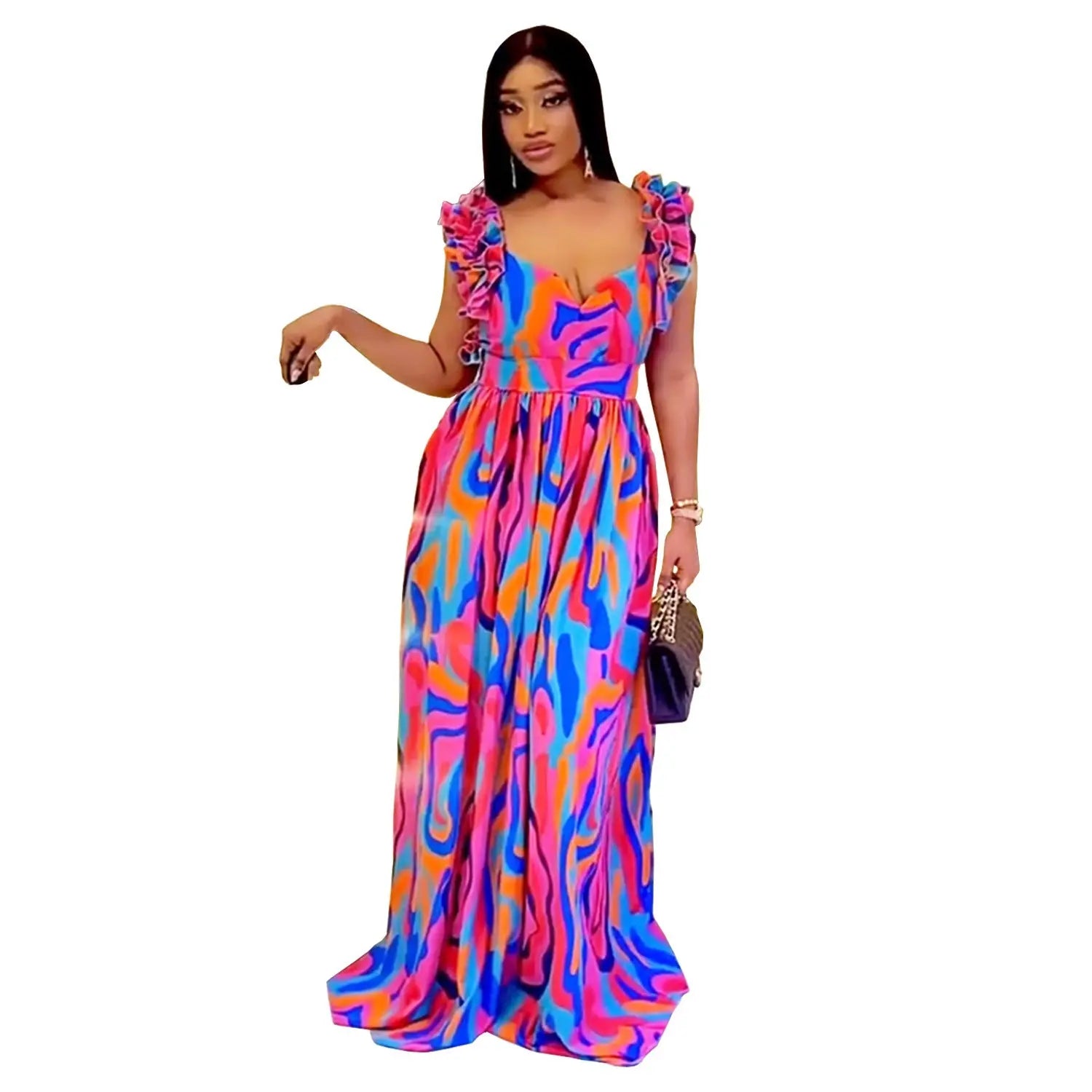 European And American Fashion Women's Wear Elegant Ruffled Shoulder Strap Printed Dress PureLittleBloom.Co