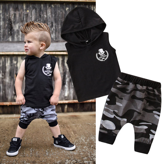 2PCS Toddler Kids Baby Boy Sleeveless Hooded Clothes T-shirt Tops Camo Pants Outfits PureLittleBloom.Co