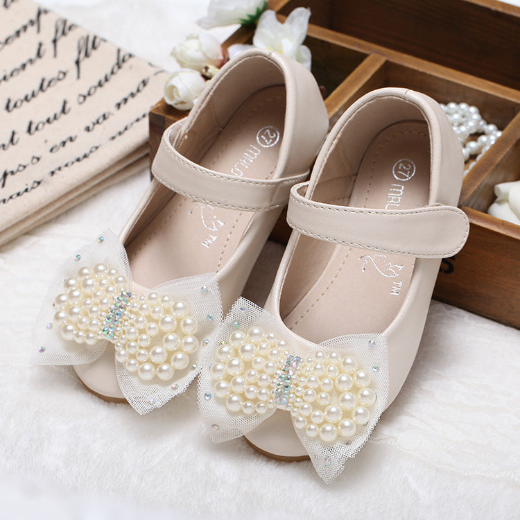 Princess Shoes Girls' Pearl Bow Leather Shoes Wedding Shoes PureLittleBloom.Co