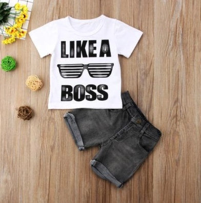 Boys' Short Sleeve Letter Denim Shorts Two-Piece Set PureLittleBloom.Co