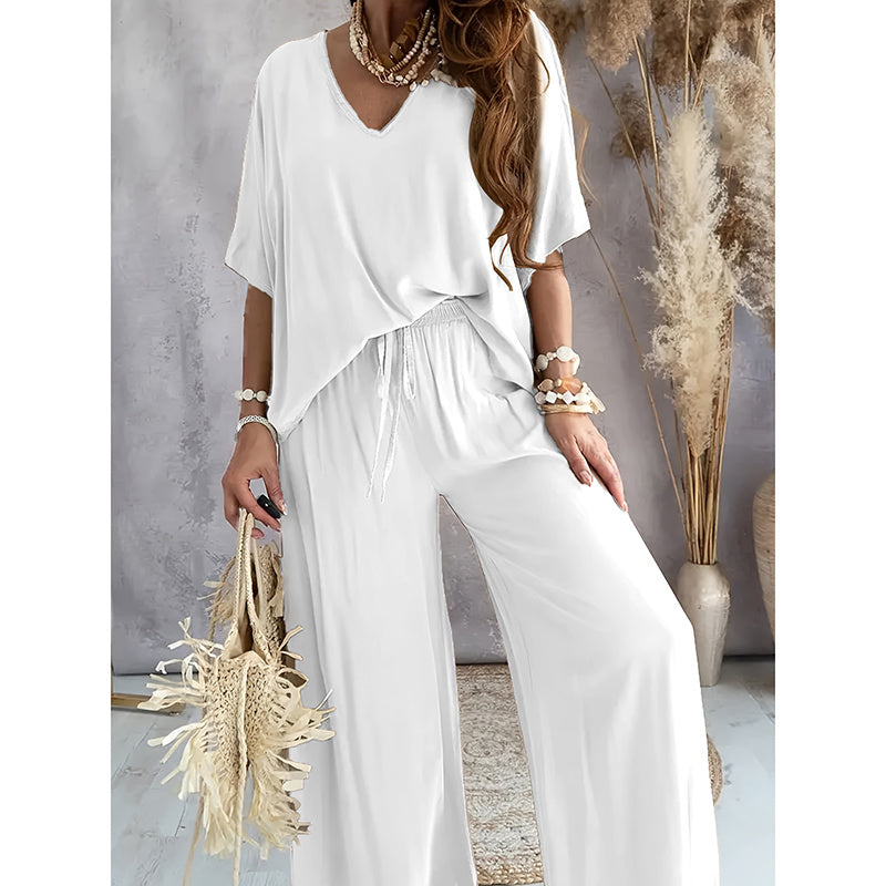 Women's 2 Piece Outfit, Casual Solid Color V-Neck Half Sleeve Top And Wide Leg Pants women's outfit Lounge Set PureLittleBloom.Co