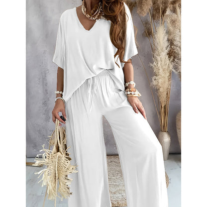 Women's 2 Piece Outfit, Casual Solid Color V-Neck Half Sleeve Top And Wide Leg Pants women's outfit Lounge Set PureLittleBloom.Co